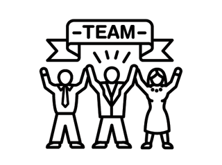 line drawing of 3 people holding a banner saying Team